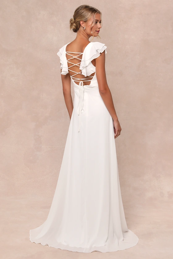 White Pleated Flutter Sleeve Lace-Up Chiffon Maxi Dress Wedding Dresses