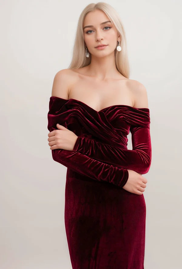 Elegant Off-the-shoulder Ruched neckline Long Sleeves fit and flare Velvet Prom Dress