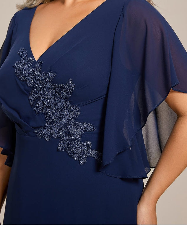 Mother of the Bride Dress Half Sleeves Top Applique Decoration Chiffon Dress