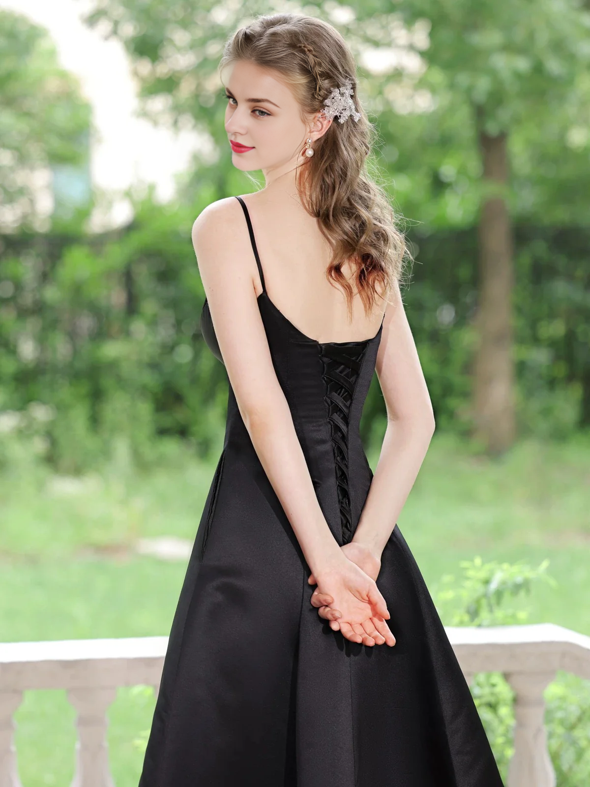 A-Line V Neck Tea Length Satin Black Prom Dress Formal Dress
