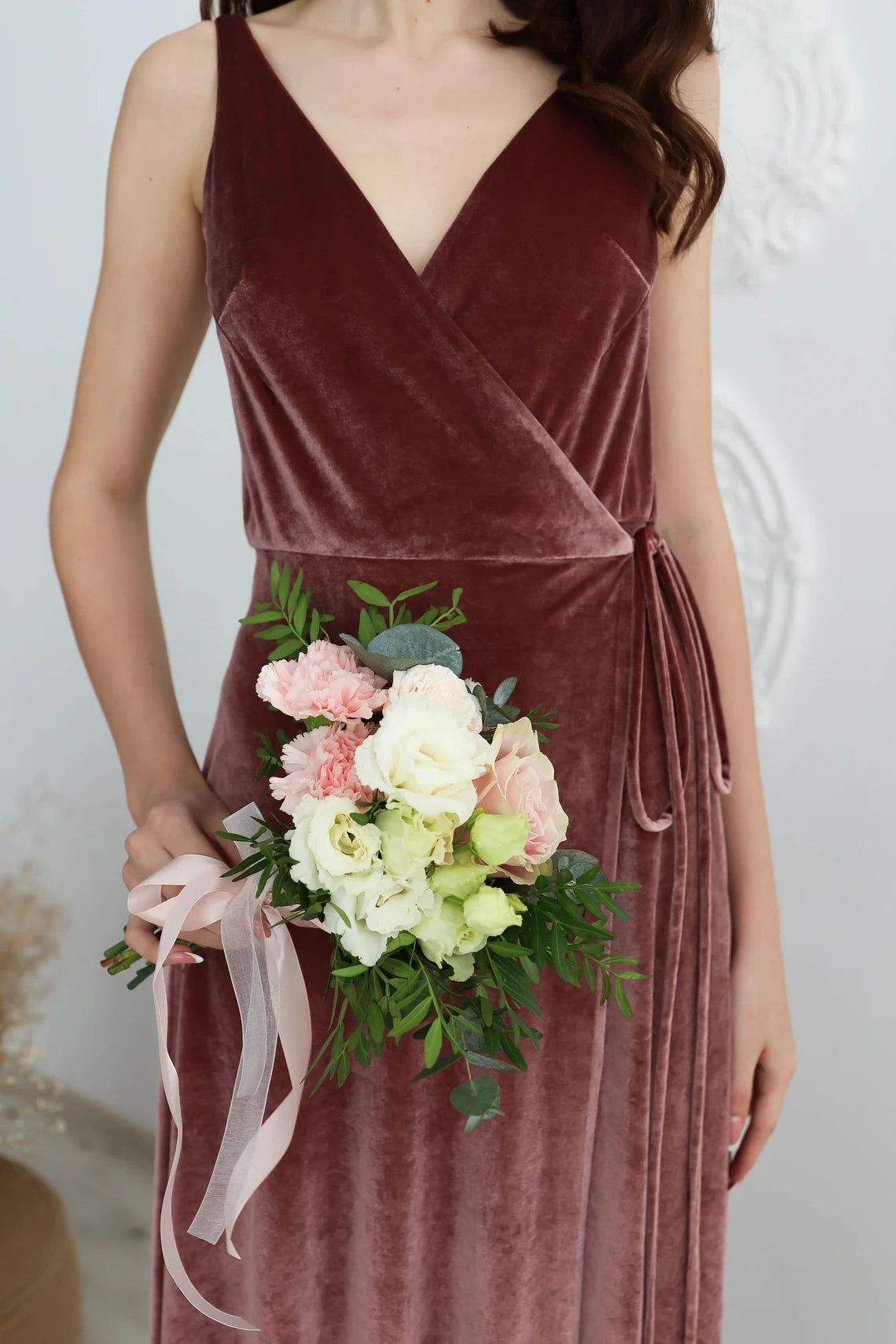 Dusty Rose Velvet Bridesmaid Dress Mother Of The Bride Velvet Prom Dress V Neck Evening Dress Wrap Dress