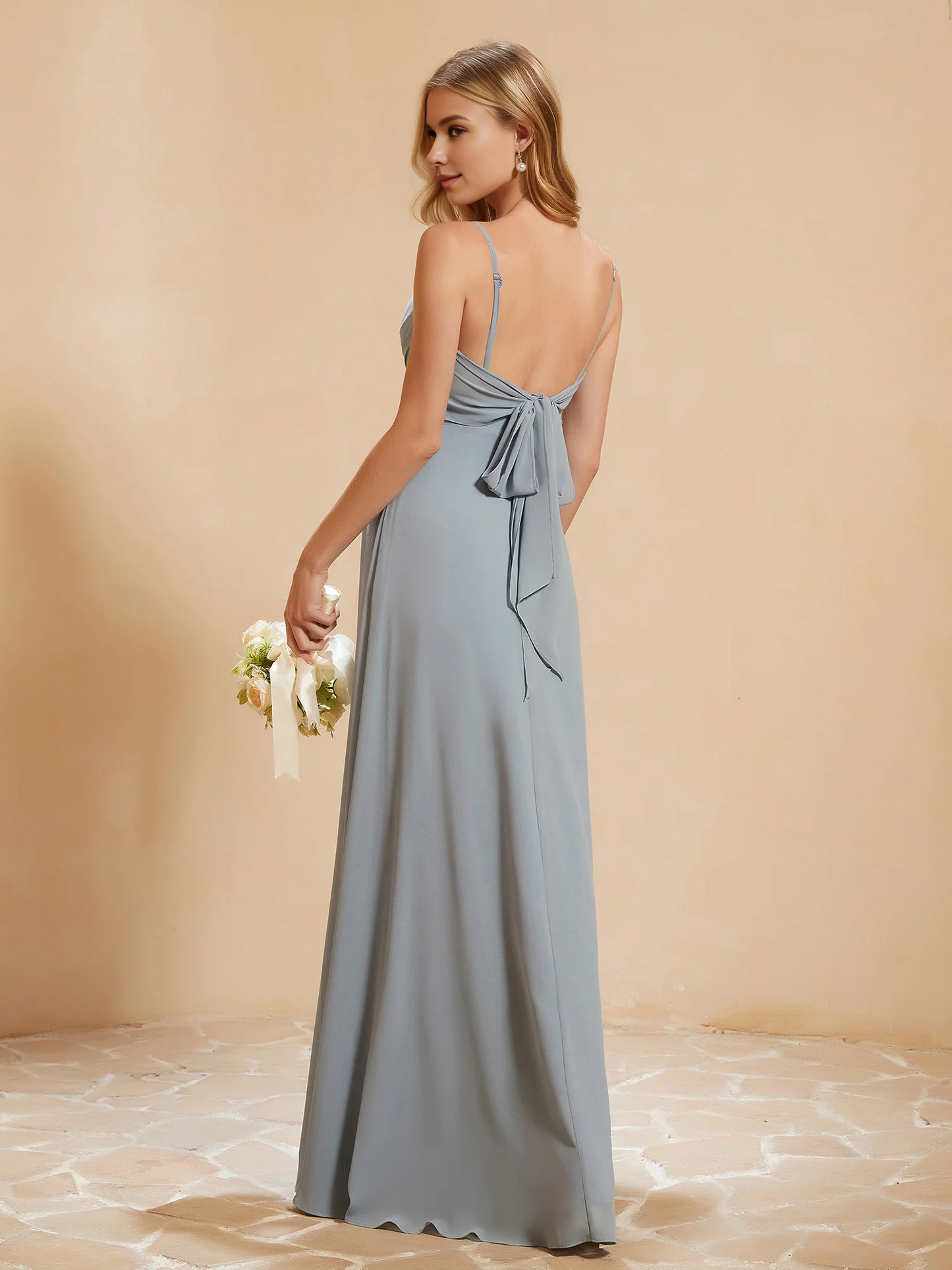 Sweetheart Pleated Long Dress With Slit Dusty Blue Chiffon Bridesmaid Dress