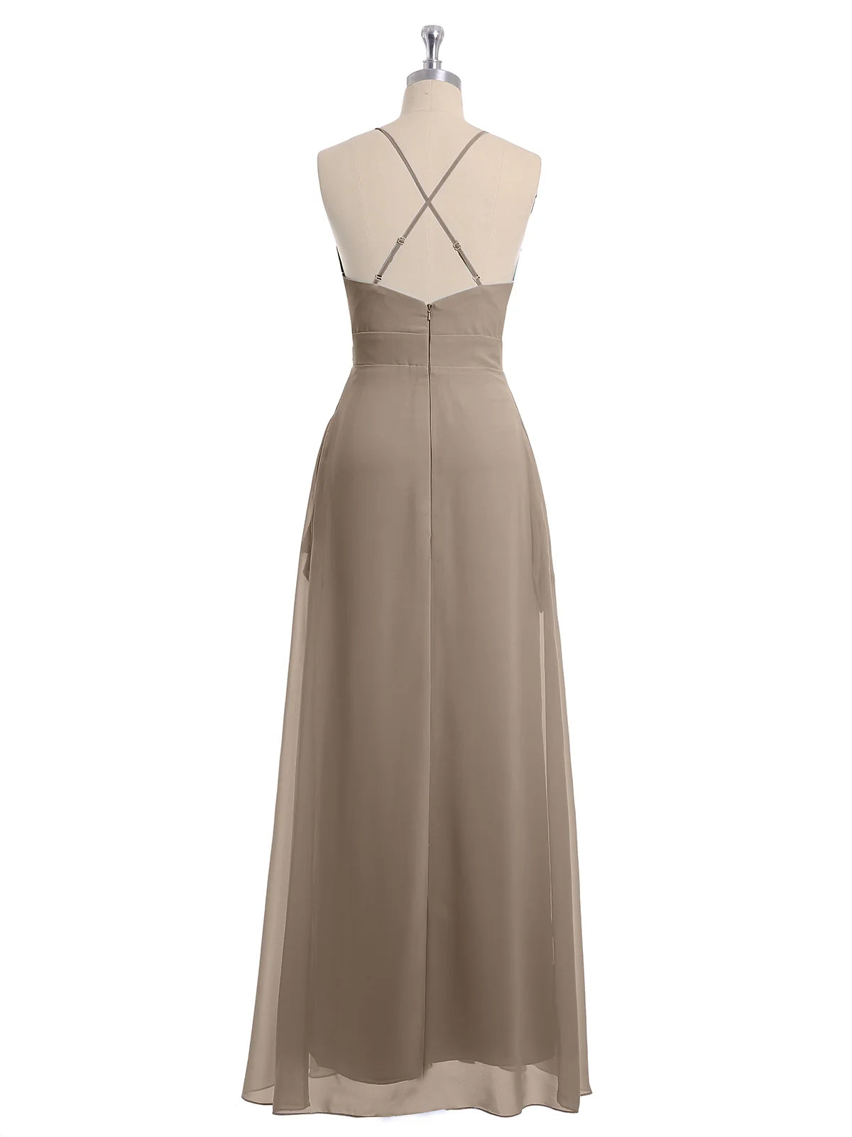 Spaghetti Strap V-neck Chiffon Gowns with Pocket-Taupe Long Bridesmaid Dresses