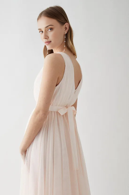 A-Line Tulle Plunge Neck Princess Bridesmaids Dress With Bow Wedding Guest Dresses