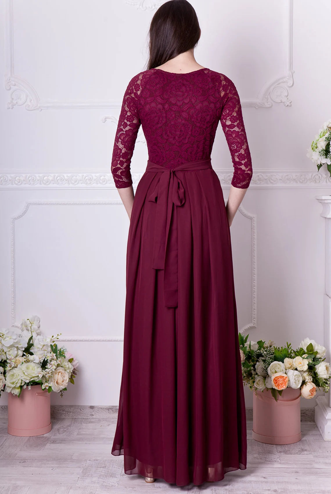 Burgundy Bridesmaid Dress Floral Lace Formal Gown With Sleeves Evening Dress Plus Size 3/4 Sleeves Mother of the Bride Dresse