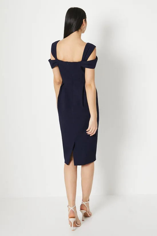 Notch Neck Bardot Detail Crepe Formal Pencil Dress Wedding Guest Dresses