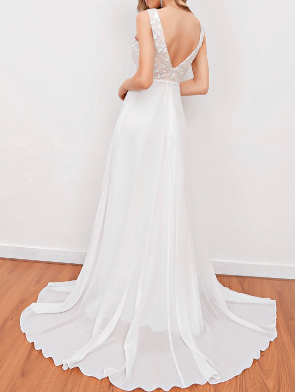 White Embroidery Wedding Dress V-Neck Sleeveless Floor Length Bridal Gown