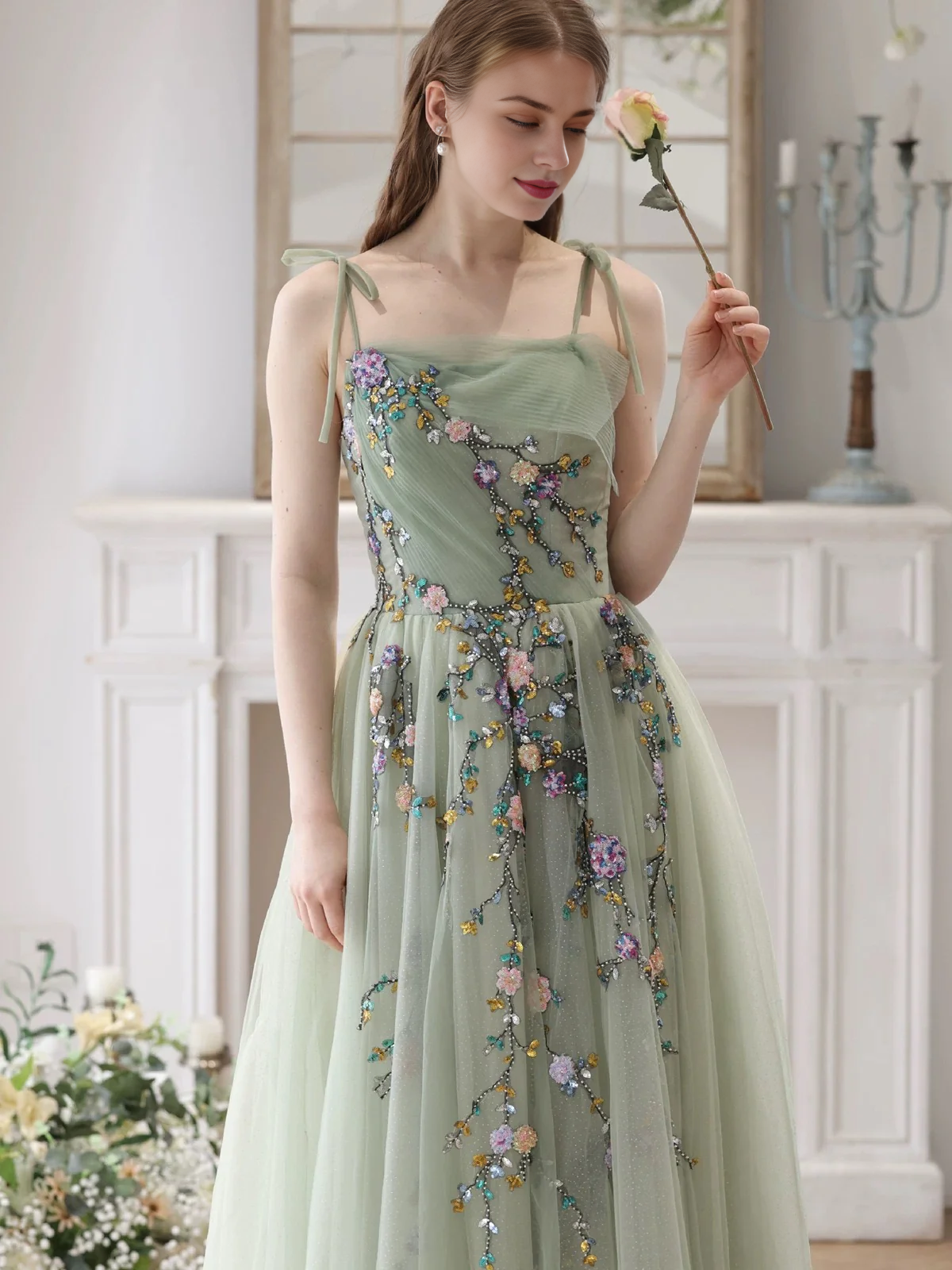 A-Line Princess Tulle Beads Green Long Prom Dress Formal Dress
