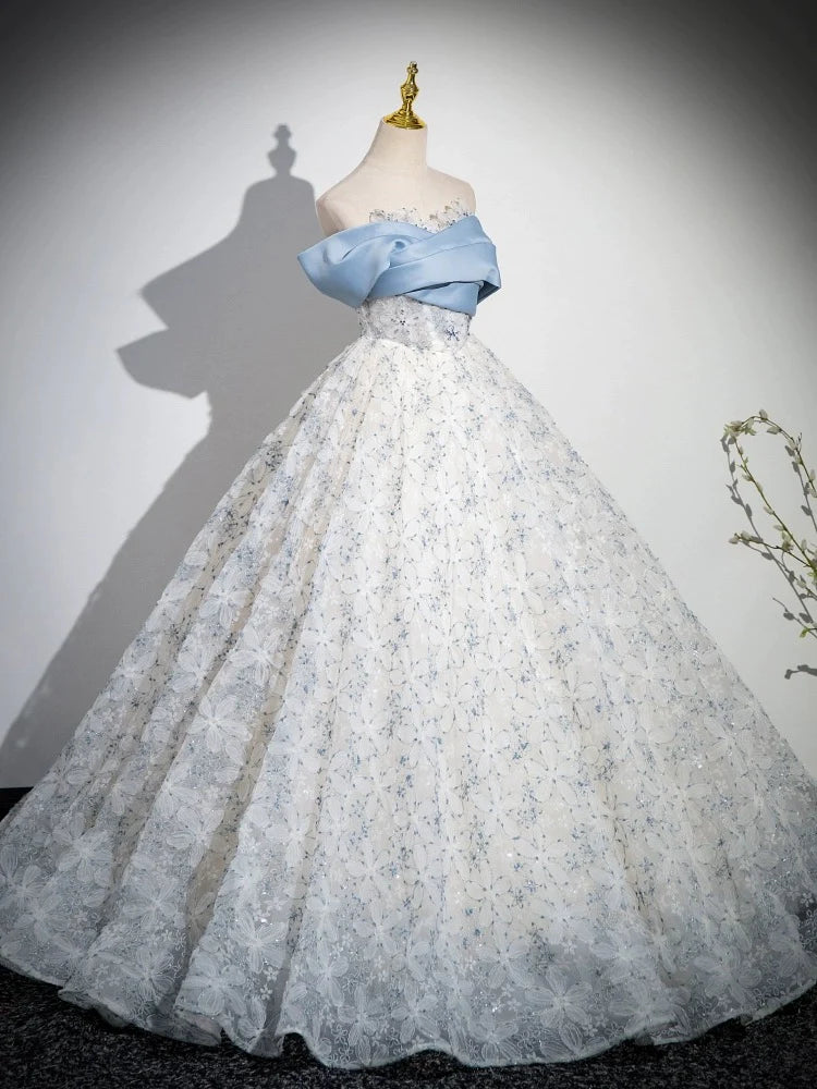 A-Line Off Shoulder Tulle Lace Blue Long Prom Dress Quinceanera Dress