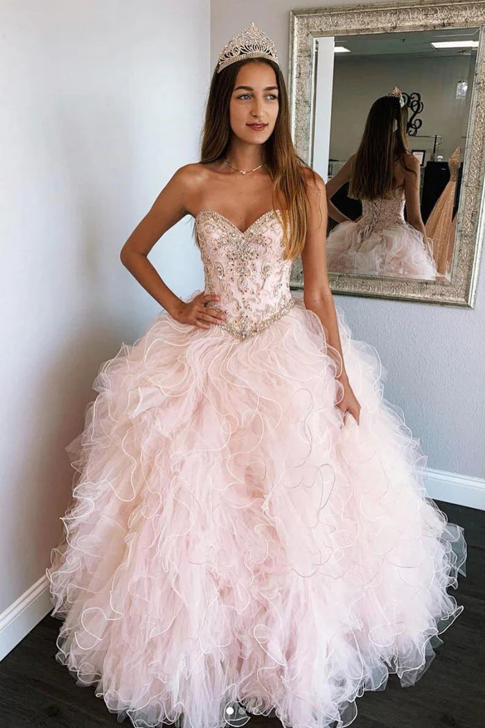 Pink Sweetheart Sleeveless Quinceanera Dresses Tulle Prom Dresses Ballgown 
