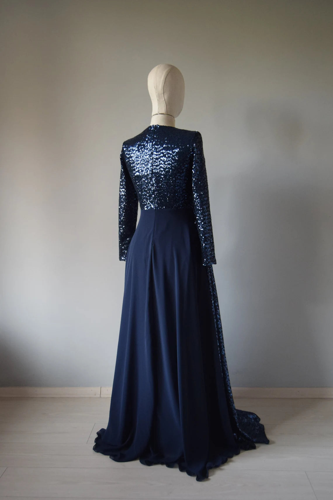 Chiffon Top Navy Blue Sequin Long Sleeve Floor Length Sequin Mother Of Bride Dress