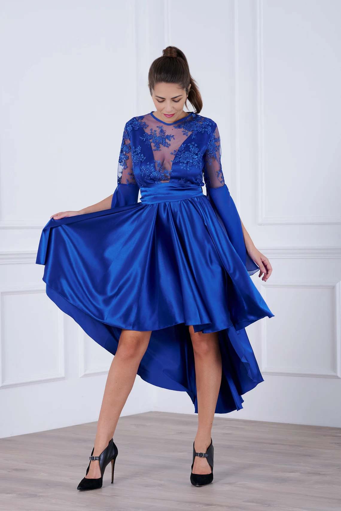 High Low Satin Mother Of The Bride Cocktail Blue Plus Size Evening Dress