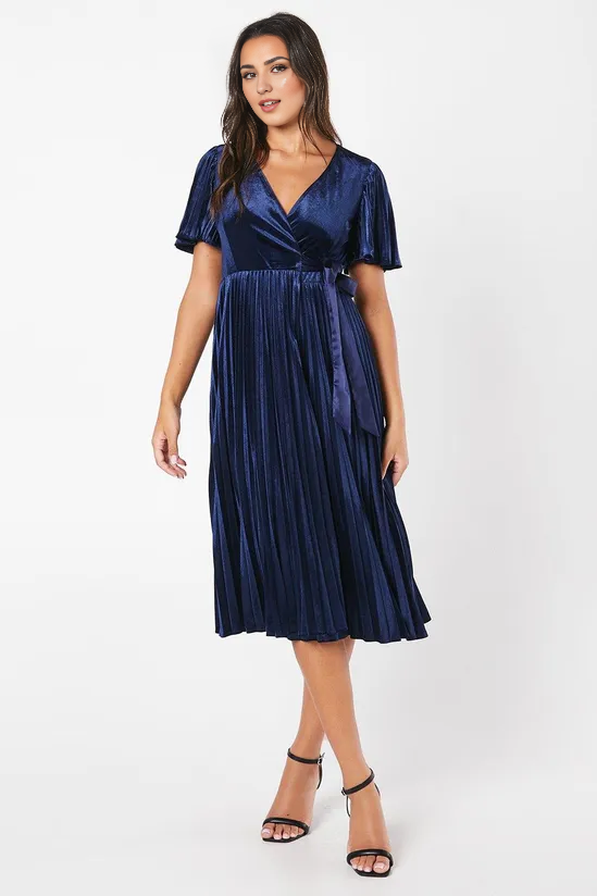 Olive A-Line Pleated Velvet Wrap Dress Wedding Guest Dresses Party Dresses