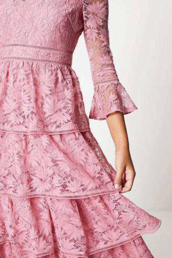 A-Line V-Neck Layered Lace Dress With Ruffle Sleeve Wedding Guest Dresses Cocktail Dresses