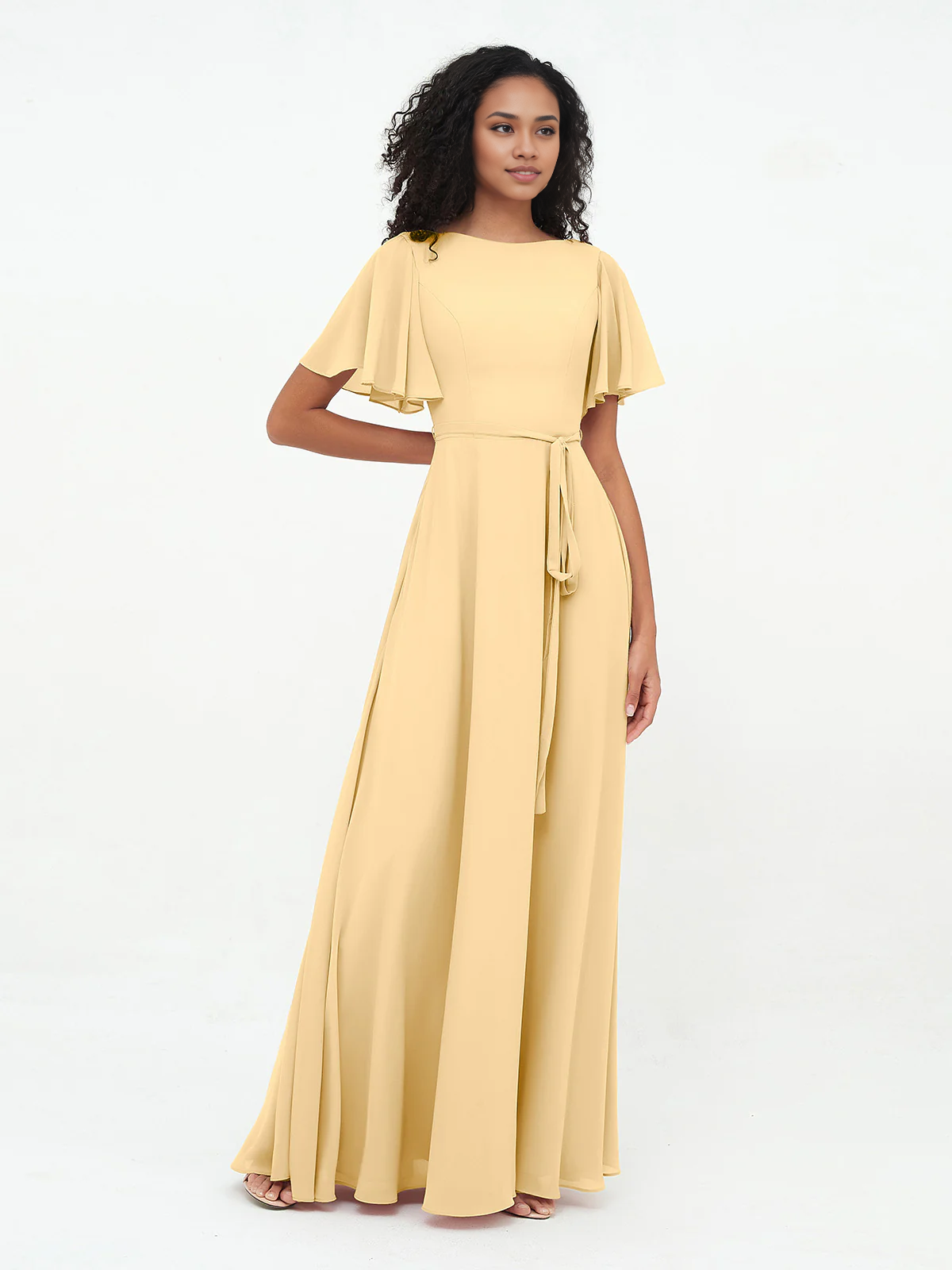 Flutter Sleeves Chiffon Max Dresses Floor-length Bridesmaid Dresses with Sash Bow