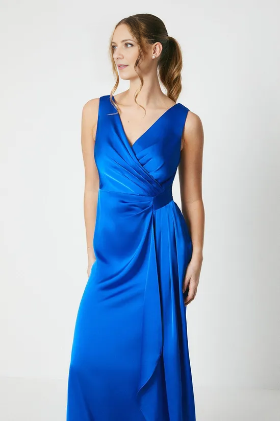 Wrap Front Waist Detail Gown Sleeveless Satin Floor-length Wedding Guest Dresses Mother of the Bride Dresse