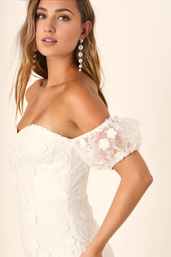 White 3D Floral Embroidered Maxi Dress One-shoulder Sheath Wedding Dresses