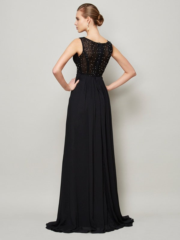 A-Line/Princess V-neck Sleeveless Beading Long Chiffon Dresses