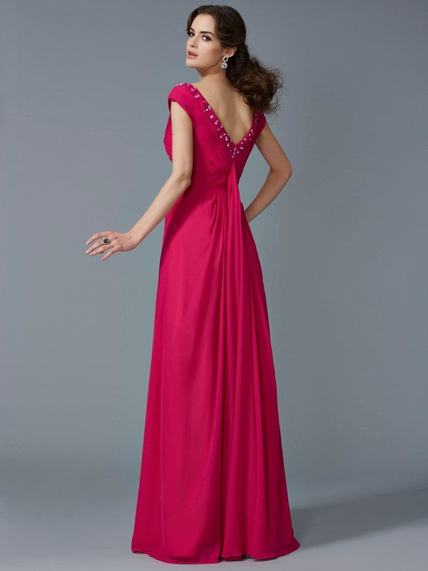 A-Line/Princess Beading V-neck Short Sleeves Long Chiffon Dresses