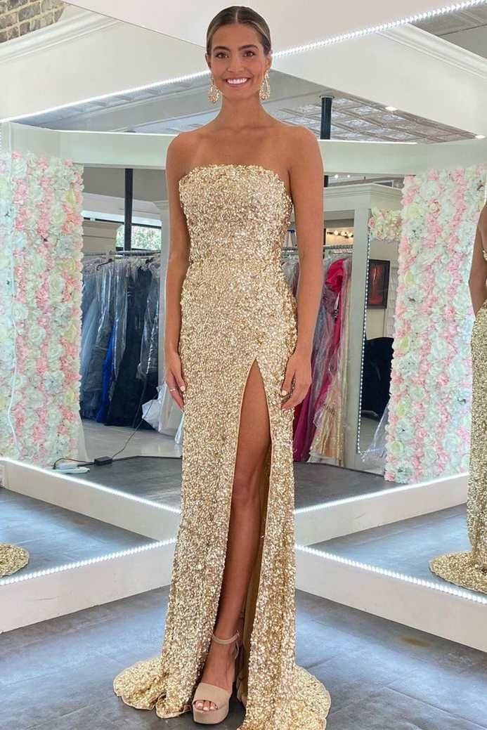 Gold Sequin Strapless Backless Mermaid Prom Dress – Koutun Dress