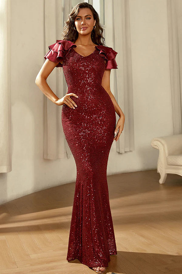fitted lace wedding dress Fancy Dark Ruby Sequin Jersey Mermaid Prom Dress