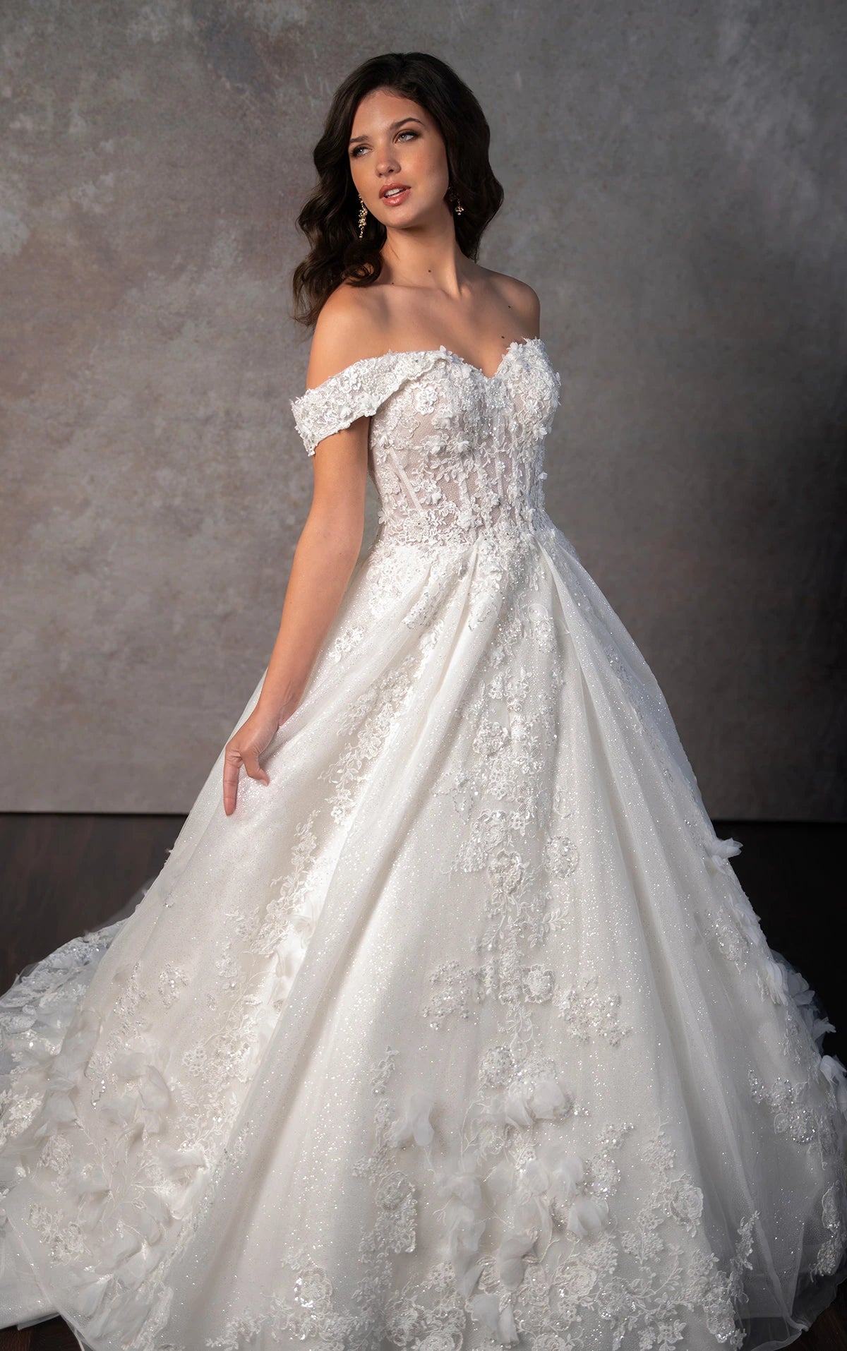 Romantic Floral Lace Off-the-Shoulder Ballgown Wedding Dress with Swee – Koutun Dress