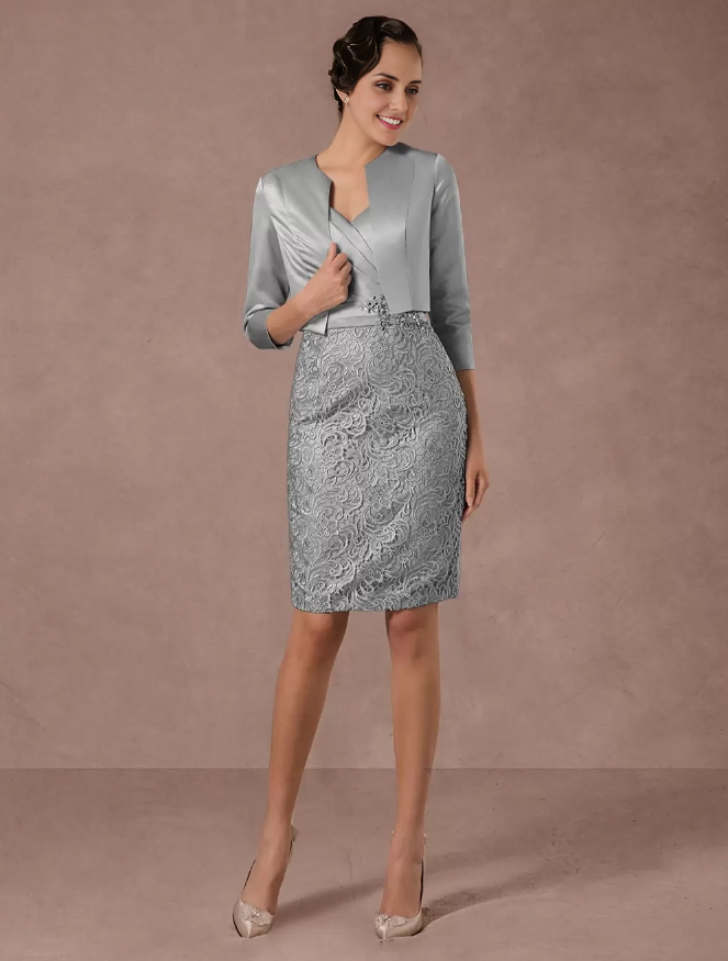 Party Dress Suits Lace Illusion Cocktail Dress With Long Sleeves Jacket Mother of the Bride Dresse Wedding Guest Dress