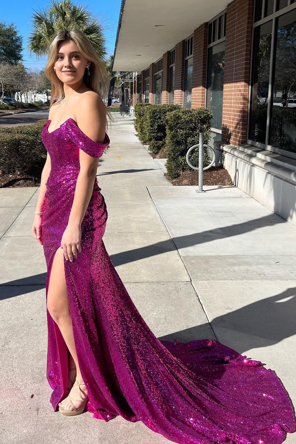 Sparkly Purple Off the Shoulder Mermaid Prom Dress with Slit