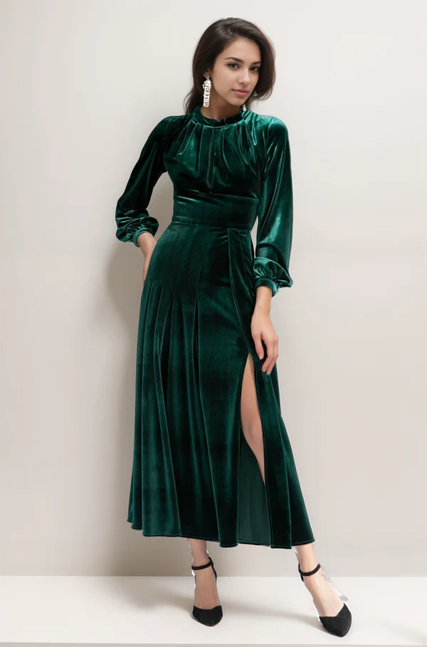 Vintage Long sleeves Ruched Bodice tight waist Velvet Dress thigh slit