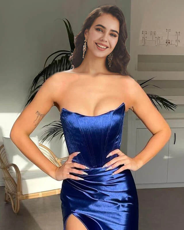 Mermaid Strapless Satin Split Prom Gown Floor-length Prom Dresses