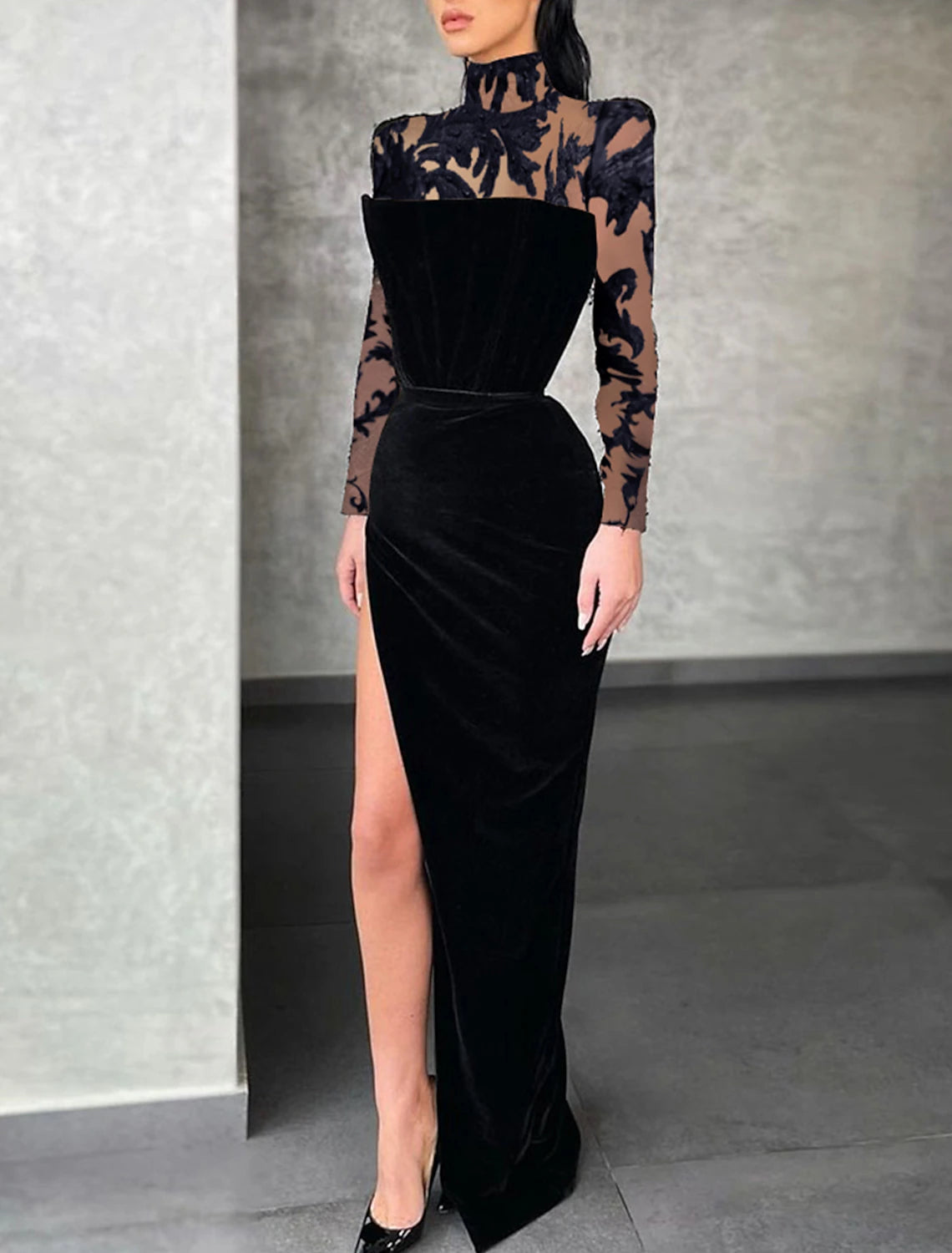 evening dresses with long sleeves and high neck Sheath / Column Gown Sleeve Lace Slit – Koutun Dress 945 How much should a High Neck Cut Color:Pink Silver