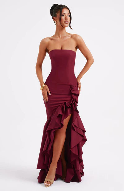 Burgundy Frilled high-low hem skirt Strapless Bridesmaid dresses Koutun Dress Burgundy Frilled high-low hem skirt Strapless Bridesmaid dresses Koutun Dress