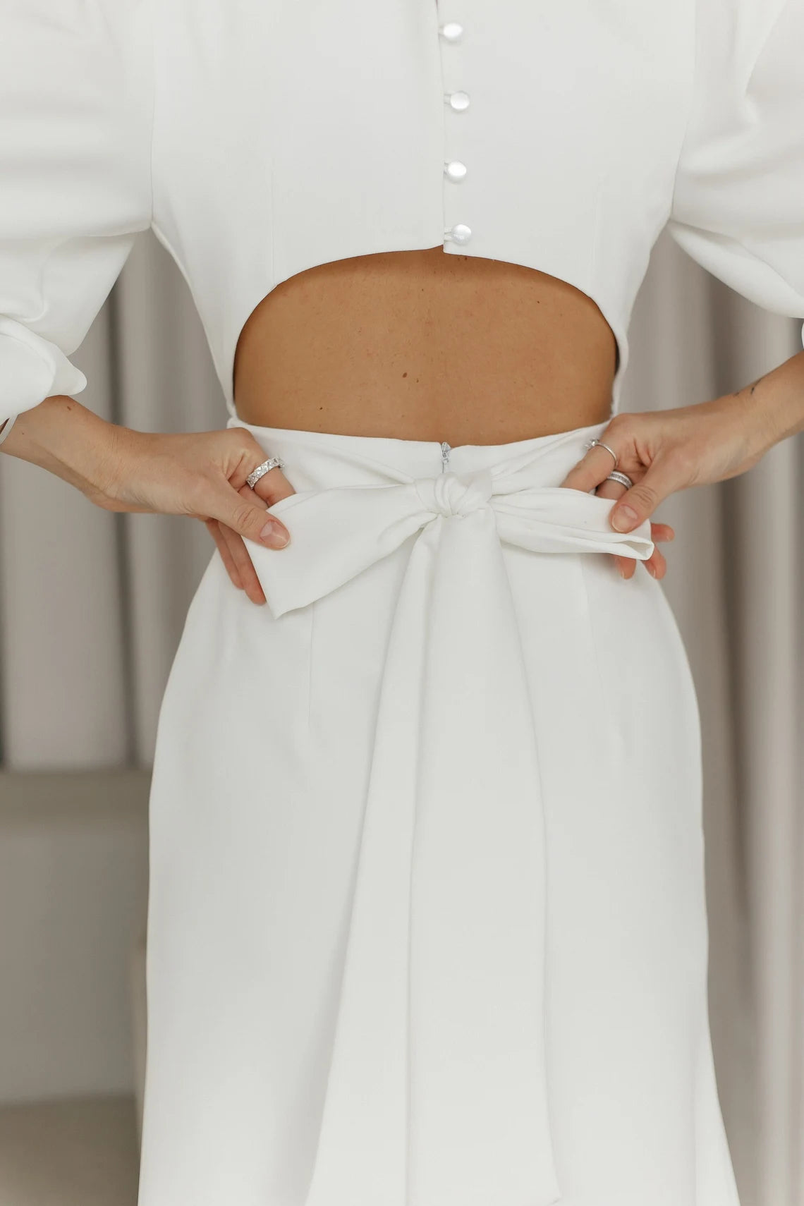 White Puff Short Sleeves Backless White Midi Dress Wedding Guest Dress
