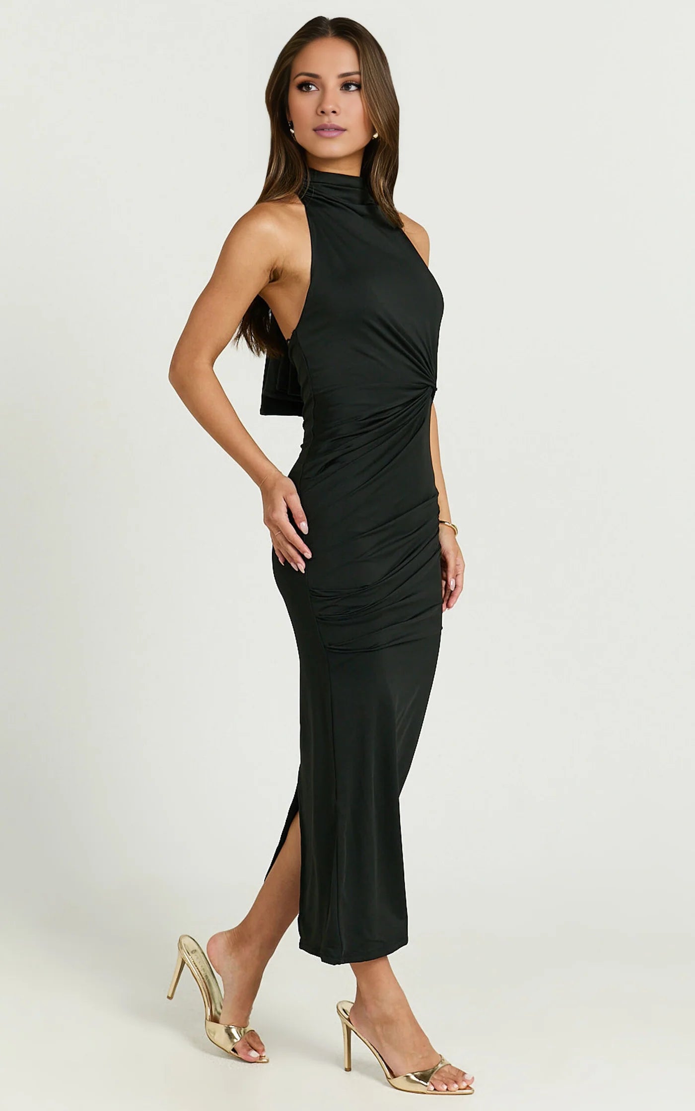 neck collar off shoulder sleeveless backless and floor length Prom dress
