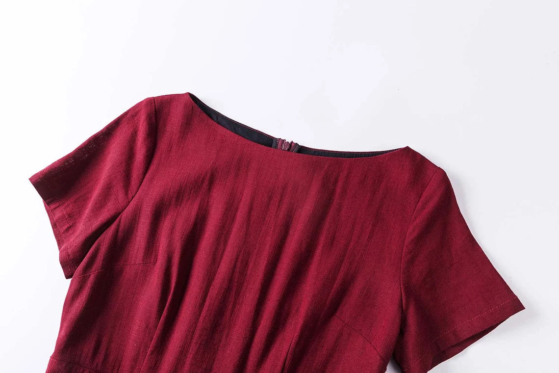 Burgundy Boat Neck Dress With Pockets Short Sleeve Party Dress A-Line Mother of the Bride Dress