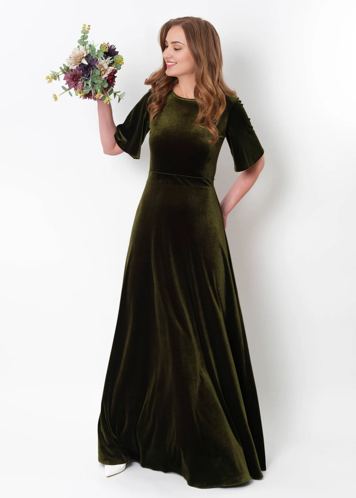 Olive Green Velvet Winter Long Bridesmaid Velvet Wedding Guest Dress Slit Dress