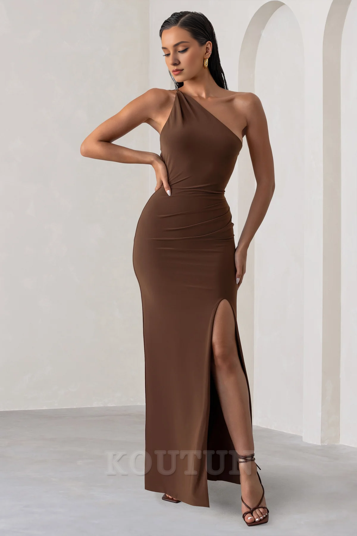 Chocolate Brown One Shoulder Maxi Dress With Open Back Detail – Koutun Dress