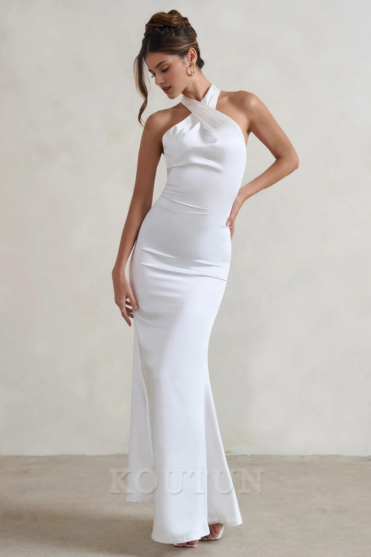 White Satin Cross Over Halter-Neck Maxi Dress – Koutun Dress