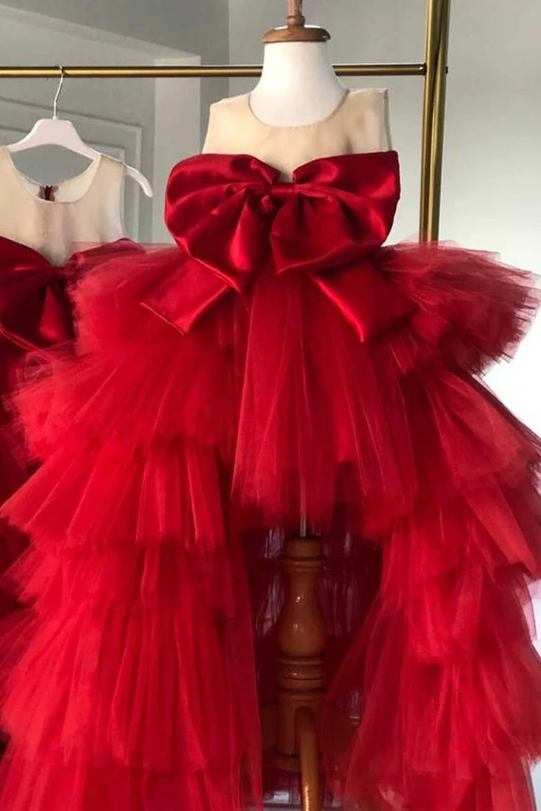 Multi-Tiered Bow Front High-Low Girl Party Dress