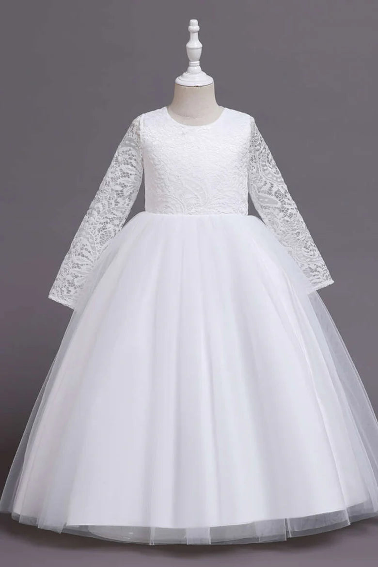 White and Pink Lace Long Sleeve A-Line Flower Girl Dress