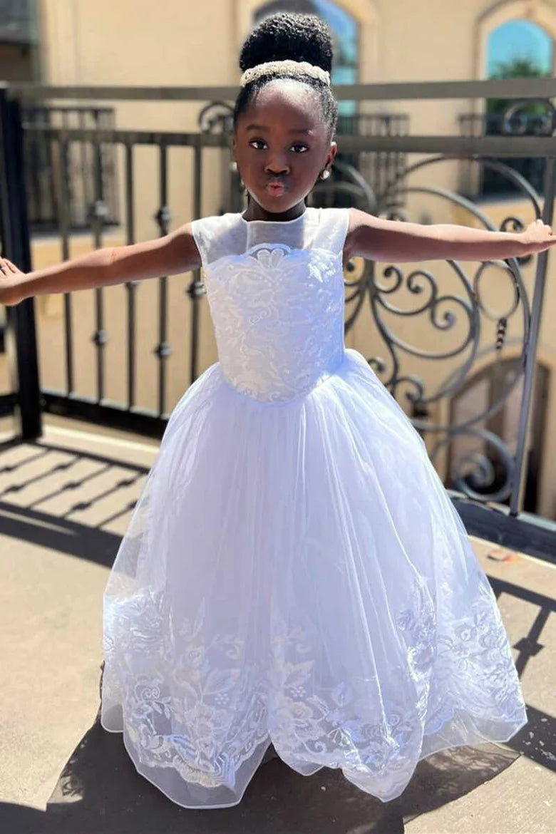 Pure White Tulle Cap Sleeve A-Line Flower Girl Dress