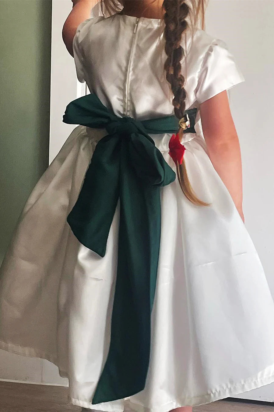 White Satin Short Sleeve Bow Back Flower Girl Dress