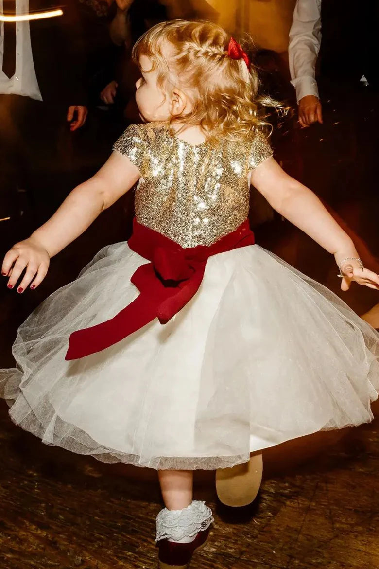 Gold &White Tie-Back A-Line Flower Girl Dress