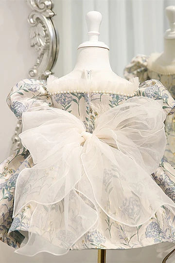 Vintage Pearls Puff Sleeve Girl Party Dress