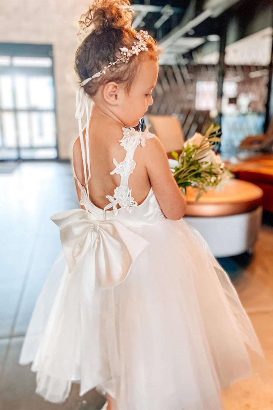 White V-Neck Appliques Backless A-Line Flower Girl Dress