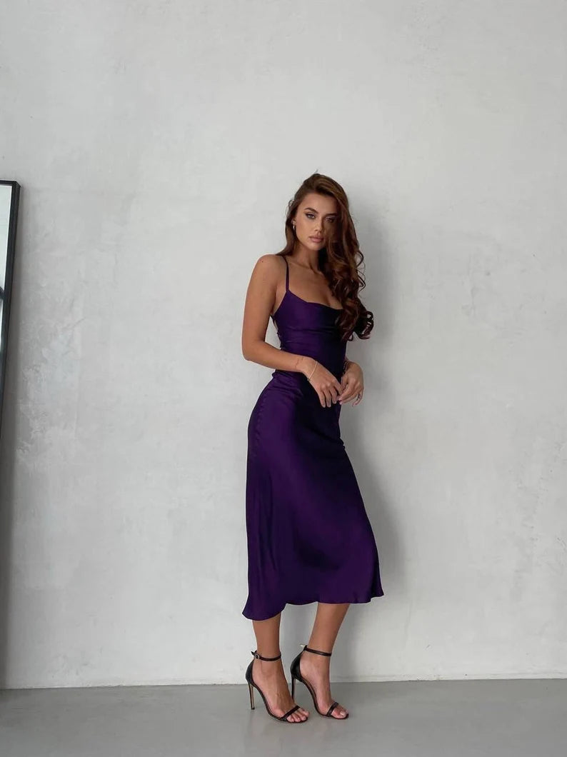 Violet slip midi dress Dark purple off shoulder straps back Elegant dr Koutun Dress Violet slip midi dress Dark purple off shoulder straps back Elegant dr Koutun Dress