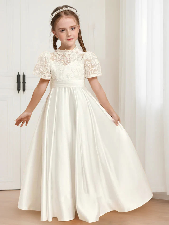 A-Line/Princess High Neck Short Sleeves Satin Flower Girl Dresses with –  Koutun Dress