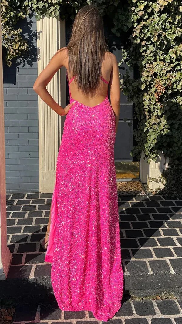 Hot Pink Sequin Prom Dress Mermaid Split Evening Gown