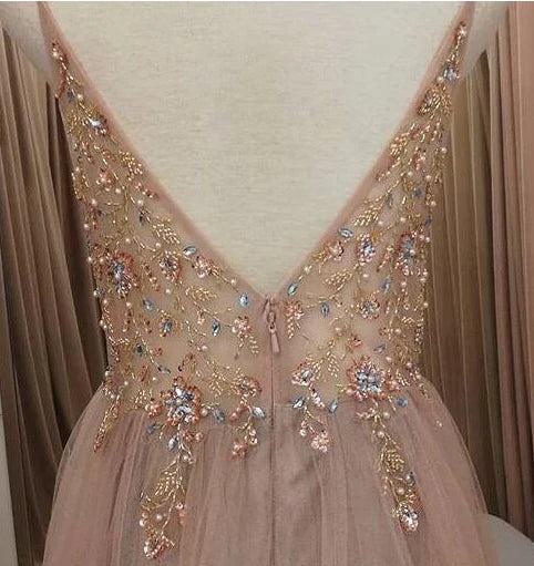 A Line V Neck Grey Beaded Long Prom Dress with Split Formal Dresses