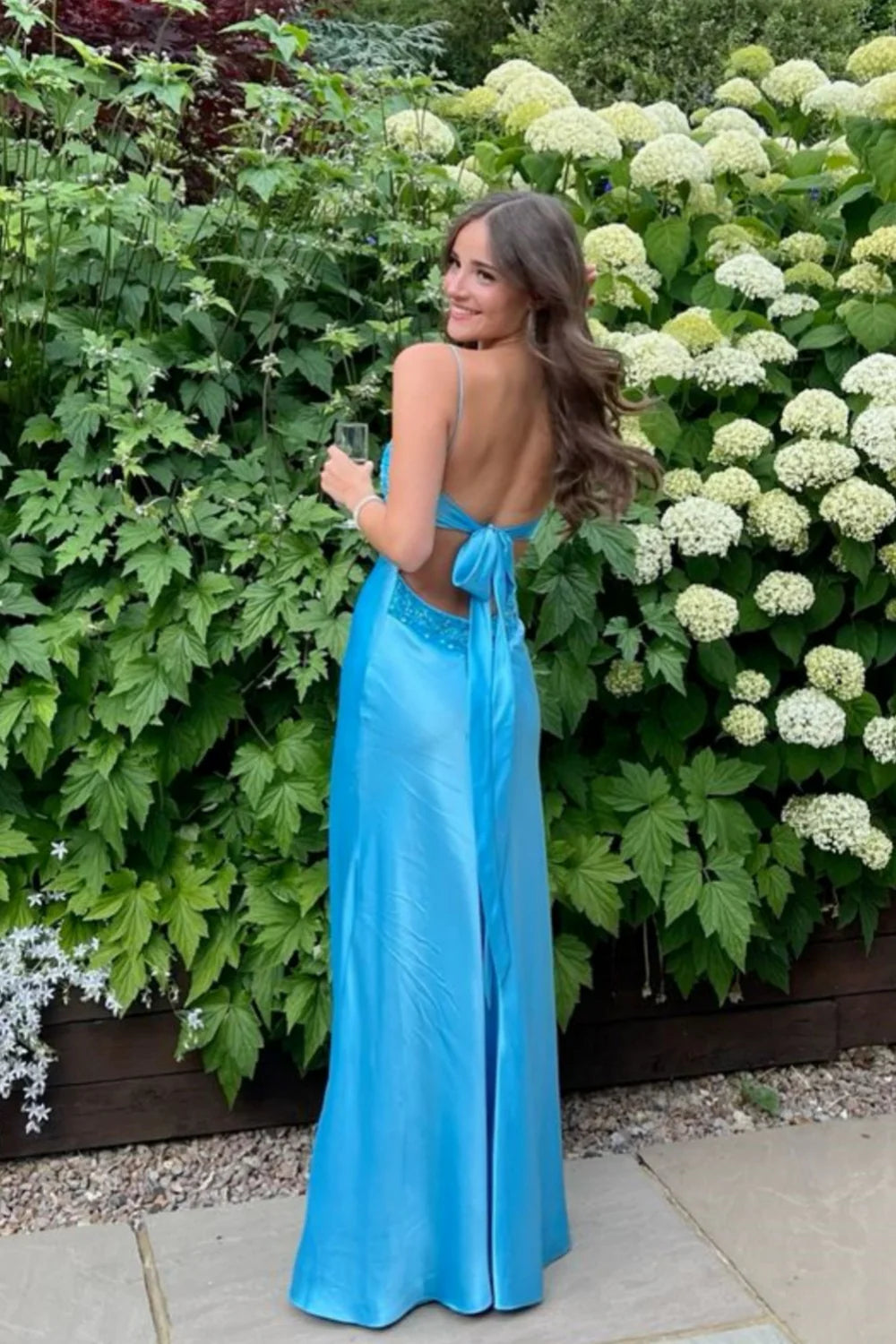 V-neck Blue Beaded Back Tie A-line Long Dress